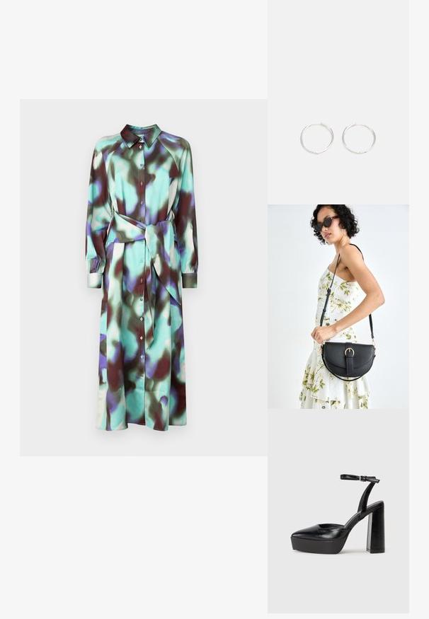 Rochie cămașă cu mâneci lungi, guler, cu un model abstract multicolor în nuanțe de teal și burgund, prezentând nasturi și o centură asortată.; Pantofi cu toc platformă negri, cu vârful ascuțit și curea reglabilă la gleznă. Confecționați din piele netedă, având un toc gros.; Geantă din piele neagră, cu o formă curbată, curea detașabilă și accesorii aurii. Geanta are un capac cu un detaliu tip cataramă.; Cercei din argint cu un design elegant și rotund, având o suprafață netedă și fără embellismente vizibile. Diametrul nu este specificat.