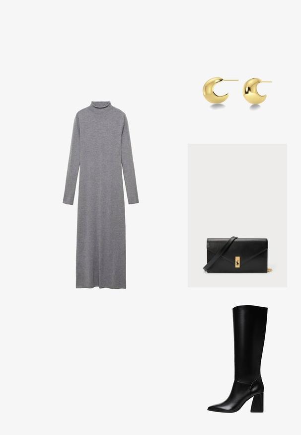 Daljša obleka z dolgimi rokavi in polo ovratnikom v srednje sivi barvi, izdelana iz mehkega pletenega materiala. Obleka sega do gležnjev in ima ravno silhueto brez vidnih dodatkov.; Stradivarius Škornji z visoko peto - black; Zlato obarvane stud uhane v obliki polmeseca, ki se ponašajo z gladko, sijajno površino in minimalističnim dizajnom.; Črna usnjena denarnica s prepognjenim pokrovom, zlato okovje, ki vključuje poudarek z logotipom. Vključuje odstranjljivo naramnico za nošenje.
