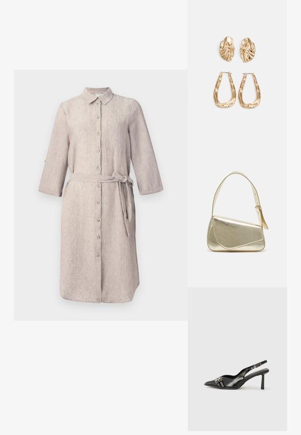 Lys beige linstoff skjortekjole med krage, lange ermer, knapfront og matchende belte. Har en enkelt brystlomme.; Sorte patentlær slingback-sko med spiss tå, ankelremmer med sølvspenner og detaljer, og en slank hæl.; Gullfarget metallisk håndveske med en strukturert design, glatt tekstur og justerbar stropp. Har en unik trekantet form og minimalistisk søm.; Gullfargede øredobber med teksturerte, bølgete former. Inkluderer skulpturelle klipsstuds og åpen hoop-design med en hamret finish.
