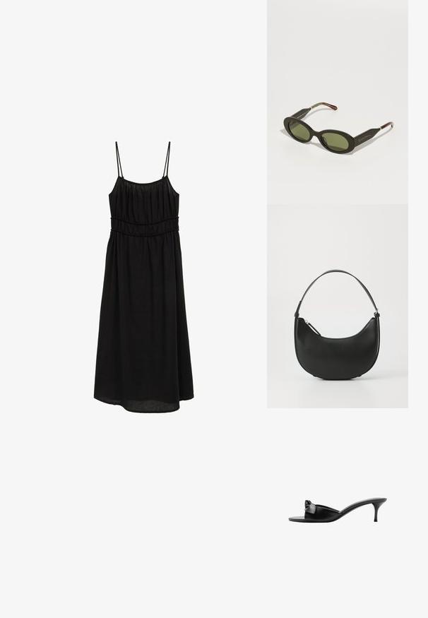 Schwarzes ärmelloses Kleid mit dünnen Trägern, gerafftem Oberteil und einer legeren A-Linie-Silhouette. Hergestellt aus leichtem Stoff mit glatter Textur.; Schwarze Leder-Pantoletten ohne Ferse mit einer Schleifenakzentuierung, offener Zehenpartie und einem schlanken, hohen Absatz. Glatte Textur und minimalistisches Design.; Schwarze ovale Sonnenbrillen mit grünen Gläsern, ausgestattet mit einem glatten Rahmen und braun akzentuierten Bügeln, mit subtilen Markenmerkmalen.; Schwarze Leder-Umhängetasche mit geschwungener Form, schlankem Henkel und Reißverschluss. Hat eine glatte Textur und dezente Logodetails.