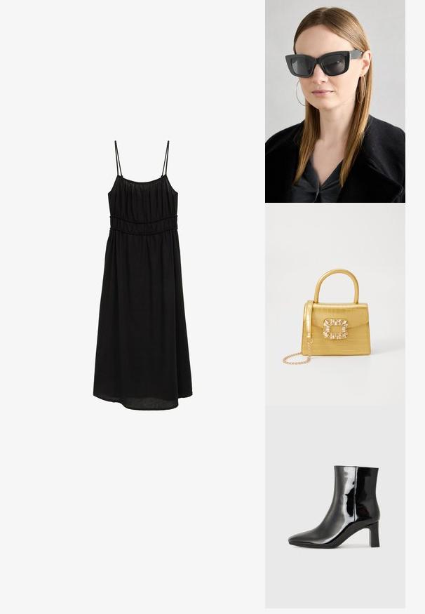Zwarte mouwloze jurk met dunne bandjes, geplooide bovenkant en een ontspannen A-lijn silhouet. Gemaakt van lichte stof met een gladde textuur.; Zwarte gepolijste leren enkellaars met een spitse neus en een blokhak van gemiddelde hoogte. Glad textuur en minimalistisch ontwerp.; Zwarte cat-eye zonnebril met donkere lenzen, dikke monturen en subtiele accenten. Draagt een zwarte jas en een grijze top, met lang stijl haar.; Geel faux-krokodillenhandtas met een gestructureerd ontwerp, bovenhandvat, afneembare kettingriem en decoratieve kristallen versiering op de sluiting.