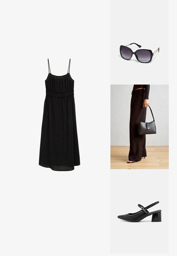 Černé šaty bez rukávů s tenkými ramínky, nabíraným živůtkem a volným A-liniovým střihem. Vyrobené z lehké tkaniny s hladkým povrchem.; Černé lakované lodičky s otevřenou patou, špičatou špičkou, zaobleným střihem a blokovým podpatkem. Zdobené akcentem v zlatém tónu.; Černé oversized sluneční brýle se gradientními skly, silnými rámy a zlatými řetízkovými detaily na nožičkách.; Černá kabelka se strukturovaným tvarem, hladkým povrchem a kovovým uzávěrem. Kombinována s širokými černými kalhotami a sandály s otevřenou špičkou na dřevěné podlaze.