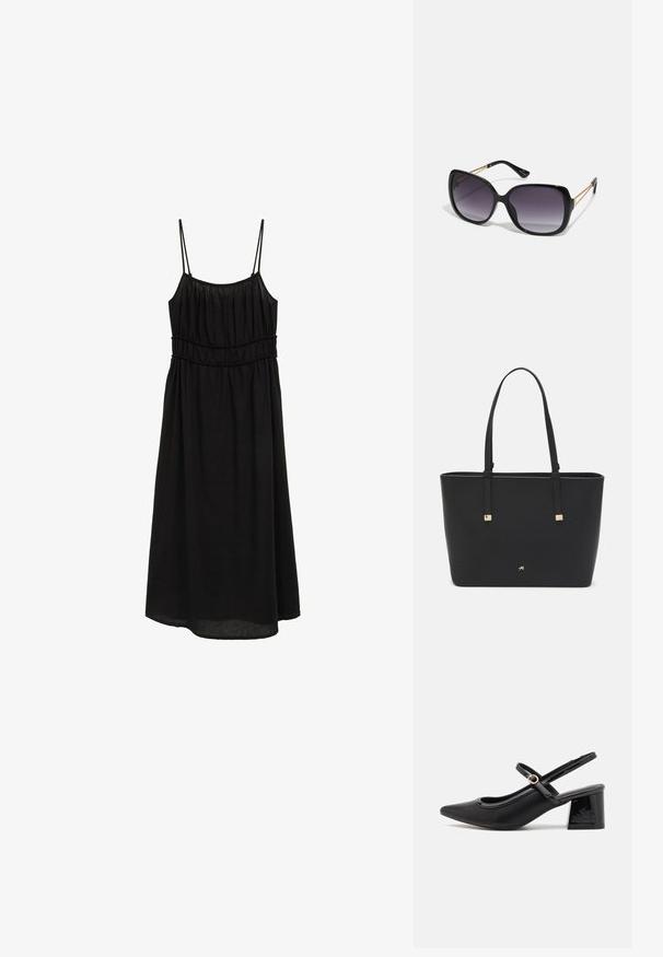 Schwarzes ärmelloses Kleid mit dünnen Trägern, gerafftem Oberteil und einer legeren A-Linie-Silhouette. Hergestellt aus leichtem Stoff mit glatter Textur.; Schwarze Lackleder-Slingback-Absätze mit spitzer Zehenform, einem runden Ausschnitt-Design und einem Blockabsatz. Mit einem goldfarbenen Schnallenakzent.; Schwarze übergroße Sonnenbrille mit getönten Gläsern, dicken Rahmen und goldfarbener Kettendetaillierung an den Bügeln.; Schwarze Tragetasche aus synthetischem Material, mit einfachem rechteckigem Design, goldenen quadratischen Akzenten und doppelten Griffen.