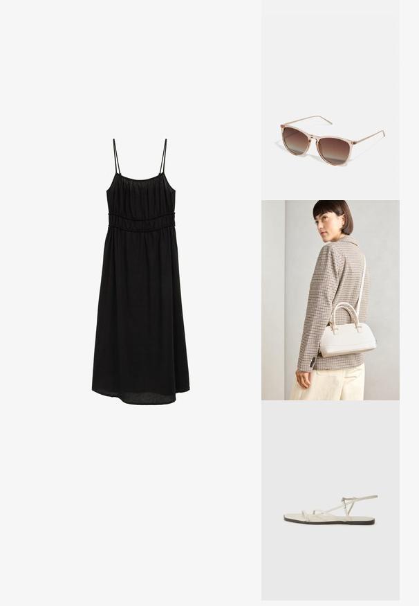 Schwarzes ärmelloses Kleid mit dünnen Trägern, gerafftem Oberteil und einer legeren A-Linie-Silhouette. Hergestellt aus leichtem Stoff mit glatter Textur.; Beige flache Sandale mit mehreren schlanken Riemen und einer verstellbaren Schnalle. Die Sohle ist flach und hat einen leichten dunklen Kontrast am Rand.; Braune Farbverlauf-Sonnenbrille mit einem durchscheinenden rosa Rahmen, quadratischer Form und dünnen Metallbügeln. Verfügt über abgerundete Kanten und minimale Details.; Weiße strukturierte Handtasche mit kurzen Griffen und einem Schultergurt, ausgestattet mit goldfarbenen Hardware-Elementen und strukturiertem Material, vor einem grauen Hintergrund präsentiert.