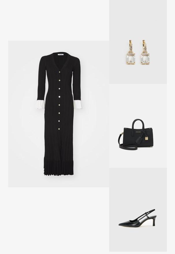 sandro NARA - Haljina s naramenicama - noir; Crne lakirane slingback pete s oštrim vrhom, s teksturiranim uzorkom zmijske kože, podesivom remenom i kratkom, teksturiranom blok-petom.; Crna kožna torba s strukturiranim dizajnom, gornjim ručkama i odvojivim remenom za rame. Sadrži zlatne metalne dijelove i privjesak s logotipom.; Zlatne naušnice s pravokutnim, prozirnim kristalom koji visi ispod niza malih, okruglih prozirnih akcenata. Elegantni, moderni dizajn.