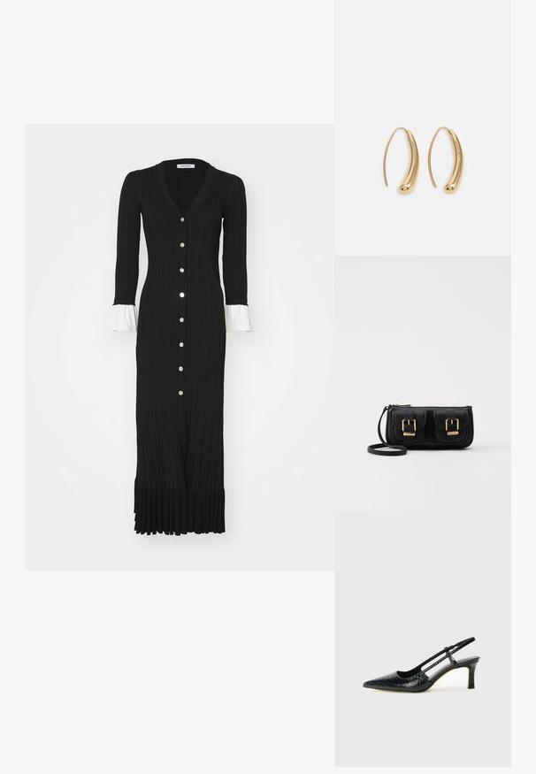 sandro NARA - Robe pull - noir; Escarpin slingback en vernis noir avec un bout pointu, présentant un imprimé serpent texturé, une sangle réglable et un petit talon bloc texturé.; Sac en cuir noir porté en travers avec deux poches avant, boucles dorées, fermeture zippée et une sangle fine. Surface texturée et forme rectangulaire compacte.; Boucles d'oreilles en métal doré en forme d'anneau, avec une forme courbée et allongée. Elles présentent une surface lisse et brillante avec une pointe arrondie pour un détail supplémentaire.