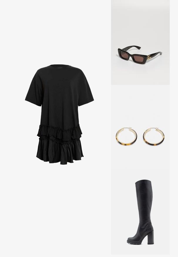 Mustaline musta lühikeste varrukatega kleit, mis on valmistatud siledast kangast ja mille hemmi äärtes on volangid, et lisada tekstuuri ning tagada mugav siluett.; Mustad mustekohviline saabas, sileda nahk materjal, jäme konts, ümar varvas, tekstureeritud talla gripp, õhuke disain ilma kaunistusteta.; Mustad kilpkonna pruunide läätsedega päikeseprillid, paksu raamiga ja kuldse topelt-G logo detailiga põlves.; Kuldtooni hoop-kõrvarõngad, millel on kilpkonnamustriga vaikserv äär, omavad siledat viimistlust ja elegantselt ümarat kuju.