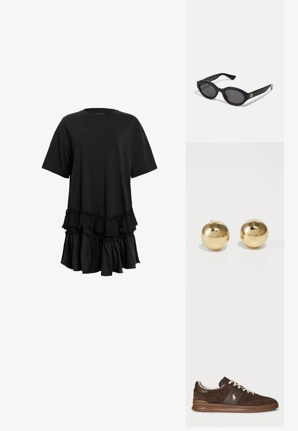 Juodas trumpas rankovės suknelė, pagaminta iš lygios medžiagos, turi raukiniais puošiamas pakraštes, pridėtų tekstūros ir laisvą siluetą.; Rudi suede sportbačiai su tekstūruotais elementais, balti raišteliai ir auksinė logotipo detalė. Su guma padanga ir paminkštinta apykaklė patogumui.; Juodos ovalios saulės akinių su tamsiais lęšiais ir blizgia plastiko apvadu. Su auksiniu logotipu ant šventyklos, siūlo elegantišką ir modernų dizainą.; Aukso sferinės auskarai su poliruotu paviršiumi ir mažu kaiščiu. Pasižymi lygiu tekstūru ir atspindinčiu paviršiumi.