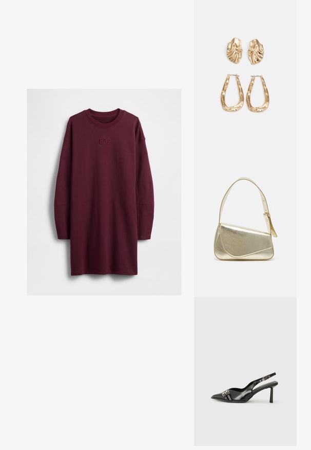 Vestido de sweatshirt burgundy com mangas longas, decote redondo e logo "GAP" bordado no peito. Tecido suave, ajuste relaxado.; Sapato slingback preto em pele patentada com bico apontado, tiras no tornozelo apresentando fivelas e acessórios prateados, e um salto elegante.; Bolsa de mão metálica dourada com um design estruturado, textura suave e alça ajustável. Apresenta uma forma triangular única e costura minimalista.; Brincos em tom de ouro com formas onduladas e texturizadas. Inclui studs escultóricos com presilha e um design de argola aberta com um acabamento martelado.