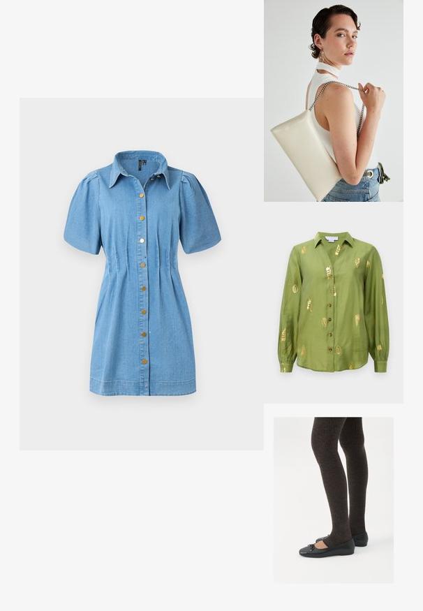 Φόρεμα πουκαμίσα από τζην σε ανοιχτό μπλε με κοντά φουσκωτά μανίκια, κλείσιμο με κουμπιά μπροστά σε χρυσή απόχρωση και εφαρμοστή λεπτομέρεια στη μέση.; Ανοιχτό ελαιόχρωμο μπλουζάκι με μακριά μανίκια, γιακά, κουμπιά στο μπροστινό μέρος και μεταλλικά χρυσά σχέδια από κοχύλια διάσπαρτα πάνω στο ύφασμα.; Μαύρες επίπεδες γυναικείες παπουτσάκια με μια μικρή λεπτομέρεια φιόγκο στην μύτη, συνδυασμένες με σκούρες καφέ ριγέ καλσόν. Τα παπούτσια έχουν λεία υφή και χαμηλό προφίλ.; Λευκή ορθογώνια τσάντα συμπλέκτη, φτιαγμένη από γυαλιστερό υλικό, με ασημένια αλυσίδα. Το μοντέλο ποζάρει, επιδεικνύοντας την τσάντα σε απλό φόντο.