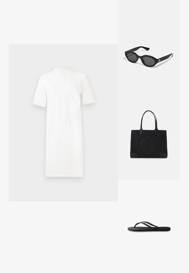 Rochie polo albă cu mâneci scurte, guler, placket cu trei butoane și croială dreaptă. Fabricată dintr-un material neted cu o textură moale.; Încălțăminte tip flip-flop neagră cu o talpă din cauciuc texturat, două bretele subțiri și un detaliu discret, embosat cu logo pe bretea.; Ochelari de soare ovali negri cu lentile întunecate și ramă din plastic lucios. Prezintă un logo aurit pe bradă, oferind un design elegant și modern.; Geantă tote neagră din țesătură, cu un logo în relief proeminent într-un design circular. Textură netedă cu accente din piele în contrast.