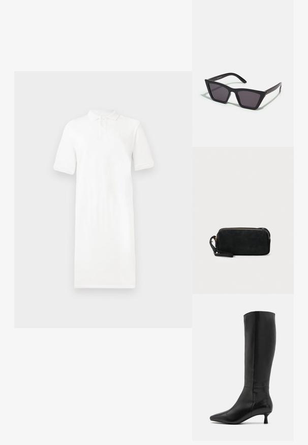 Weißes Polokleid mit kurzen Ärmeln, Kragen, einer Drei-Knopf-Leiste und geradem Schnitt. Aus glattem Stoff mit weicher Textur gefertigt.; Zign Stiefel - black; Schwarze, eckige Sonnenbrille mit grauen Gläsern; aus Kunststoff gefertigt, mit dicken Bügeln, die eine glatte Oberfläche und keine sichtbaren Beschläge haben.; Schwarze Wildleder-Clutch mit einem Reißverschluss und abnehmbarem Handgelenkband. Verfügt über goldfarbene Hardware und eine glatte, matte Oberfläche.
