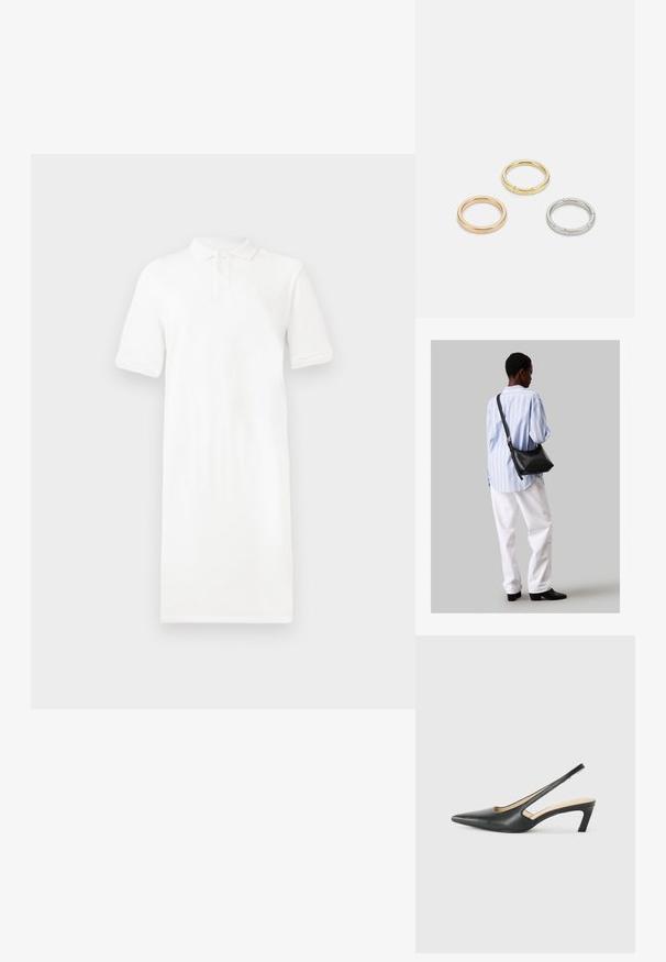 Fehér pólódressz rövid ujjakkal, gallérral, három gombos kivágással és egyenes vonalvezetéssel. Simára szőtt anyagból készült, puha tapintással.; Fekete, hegyes orrú, slingback cipő alacsony sarkával, sima bőrből készült, oldalt kivágott deisgnal a légáteresztőképesség érdekében.; Fekete bőr válltáska puha tapintással, háromszög alakú, állítható pánttal, világoskék csíkos inggel és fehér nadrággal párosítva.; Három fémgyűrű: az egyik rose gold, a másik texturált akcentusokkal ellátott arany, a harmadik pedig ezüst, mindegyiken gravírozott márkajelzés található a belső sávon.