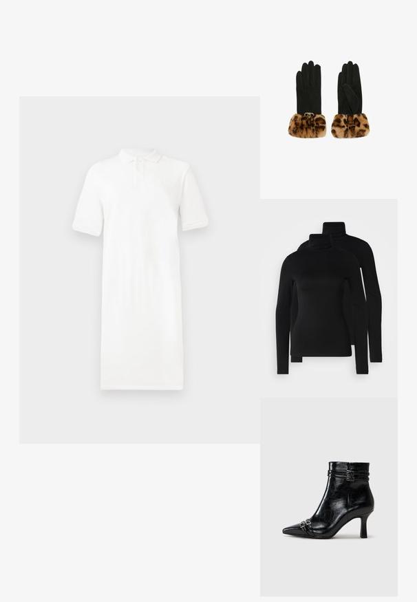 Valkoinen poolomekko, jossa on lyhyet hihat, kaulus, kolmonen napitus ja suora leikkaus. Valmistettu sileästä kankaasta, joka on pehmeä tekstuuriltaan.; Mustat pitkähihaiset poolopaidat, jotka on valmistettu sileästä, joustavasta kankaasta. Ominaisuuksiin kuuluvat sopivat hihat ja klassinen korkea kaulus. Mukana kaksi kappaletta.; Tamaris Kiilakorkonilkkurit - black; Mustat hanskat, joissa on pehmeä, leopardikuosisesta tekoturkista valmistettu reunus ja kultainen metalliosuus ranteessa. Liukas pinta ja muotoiltu istuvuus.
