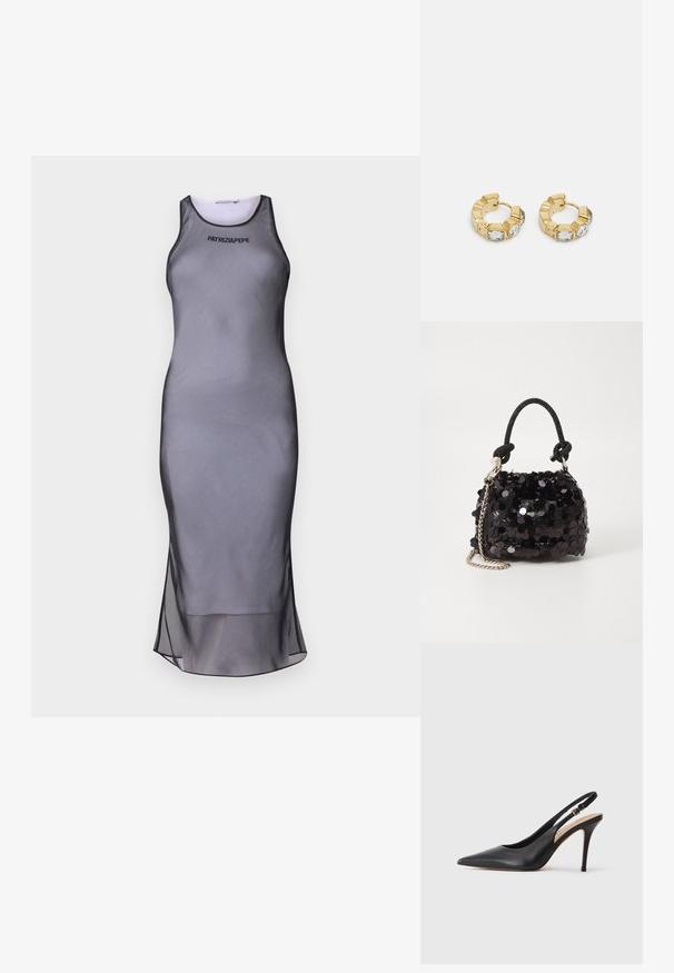 Vestido cinza sem mangas com um design ajustado, feito de um tecido suave. Apresenta uma bainha transparente e um acabamento preto ao redor do decote e do logotipo.; Sapato de salto alto em pele preta, com biqueira pontiaguda, textura suave e uma tira delicada com uma fivela metálica.; Mala mini preta de lantejoulas com uma alça texturizada em nó e corrente prateada. Forma arredondada com parte superior pregueada e detalhes reflexivos.; Brincos de argola dourados com um design texturizado e três cristais transparentes em um lado, oferecendo uma estética geométrica moderna.