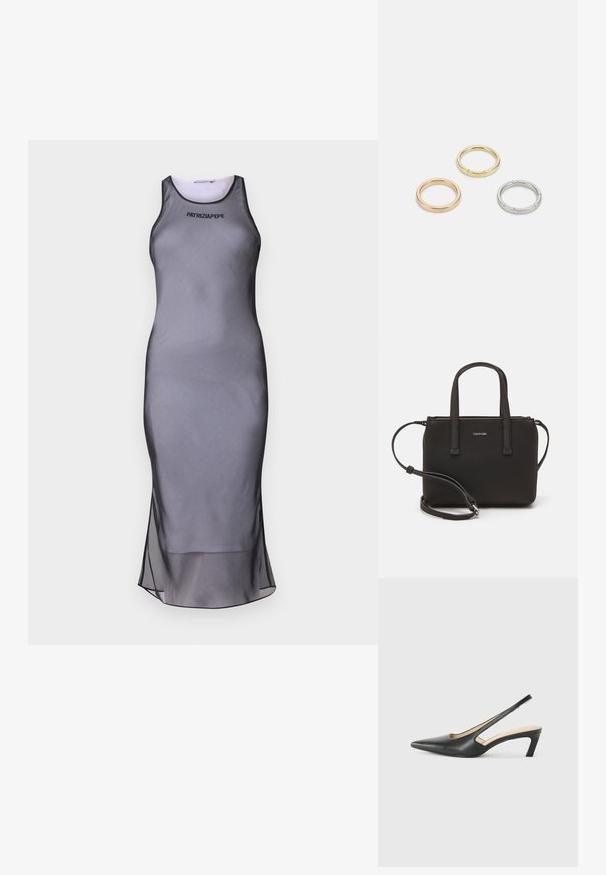 Pilkas berankovis suknelė, turinti prigludusią konstrukciją, pagaminta iš sklandžios medžiagos. Išsiskiria permatomu apvadu ir juodu akcentu aplink dekoltė bei logotipą.; Juodas smailus slingback batelis su žemu kulnu, pagamintas iš lygaus odos paviršiaus ir su išpjovomis šone, užtikrinančiomis oro pralaidumą.; Juoda rankinė su dviem trumpais rankenėlėmis ir nuimamu petį. Lygaus odos tipo medžiaga su užtrauktuku ir logotipo detale.; Trys metalinės žiedai: vienas rožinės aukso, vienas auksinis su tekstūruotais akcentais ir vienas sidabrinis, visi su įmintu ženklinimu vidinėje juostoje.