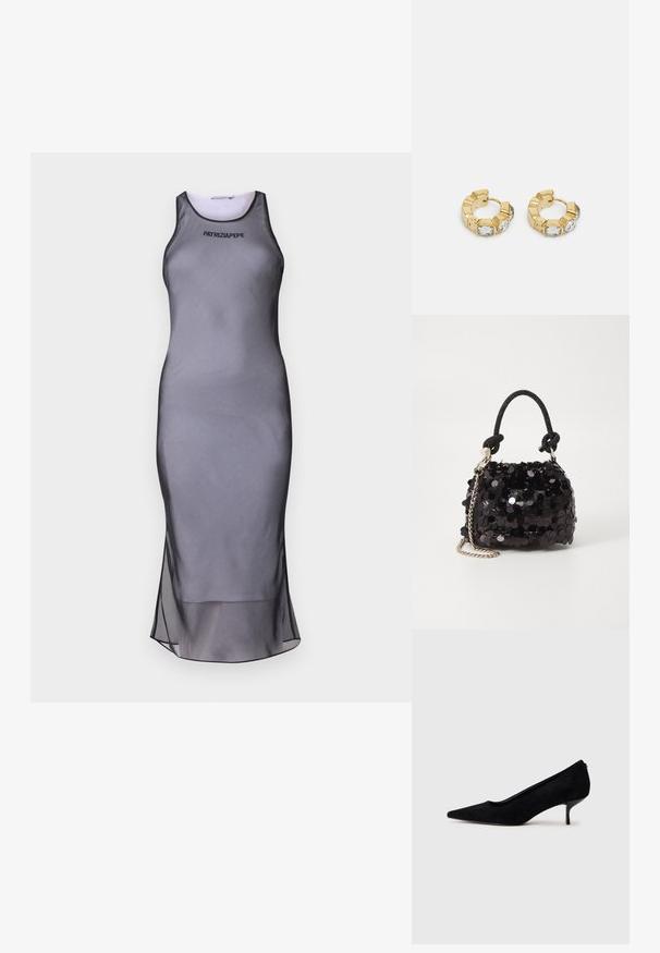 Siva brezrokavna obleka s prilegajočim dizajnom, izdelana iz gladkega materiala. Ima prosojen rob in črne detajle okoli ovratnika ter logotipa.; Črne semiš visoke pete z običajem in tankim, nizkim petom. Gladka tekstura s elegantnim dizajnom, brez vidnih kovinskih delov.; Črna mini torbica s palčkami iz bleščic, z vozlanim teksturiranim trakom in srebrnima verigama. Okrogla oblika z nabranim vrhom in odsevnimi detajli.; Zlati uhani v obliki obroča z teksturiranim dizajnom in tremi prozornimi kristalnimi poudarki na eni strani, ki ponujajo sodoben geometrijski estetski videz.