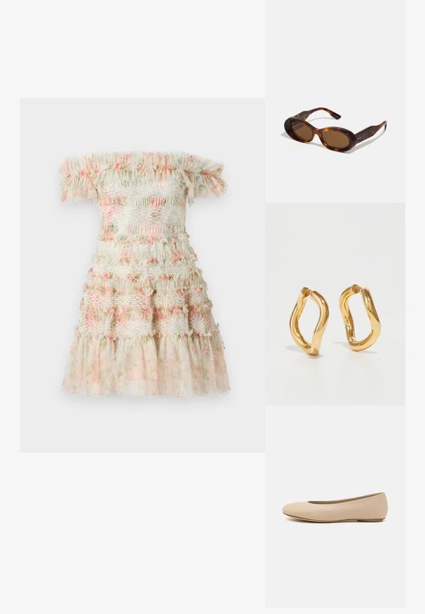 Rochie cu umerii goi, de culoare crem deschis, cu volane suprapuse și detalii florale roz. Prezintă benzi elastice plisate pentru un aspect texturat.; Balerini din piele bej, cu vârful rotund, detalii de cusătură minime, toc mic și un logo subtil pe partea din spate. Textură netedă, mată.; Ochelari de soare din scoică cu lentile ovale, nuanță de maro și accente aurii pe brațe. Cadre groase cu un finisaj lucios și o textură netedă.; Cercei din aur cu un design curbat, neregulat și o textură netedă și lustruită. Fără accesorii sau elemente vizibile.