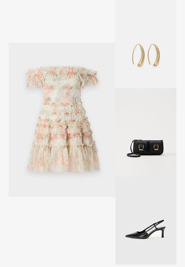 Šaty s odhalenými ramenami v svetlej smotanovej farbe s vrstvenými volánmi a ružovými kvetinovými detailmi. Obsahujú smockované elastické pásy pre textúrovaný vzhľad.; Čierne patentové slingback topánky na ihlovom podpätku s špicatou špičkou, s textúrovaným hadím vzorom, nastaviteľným popruhom a krátkym, textúrovaným blokovým podpätkom.; Čierna kožená crossbody taška s dvoma prednými vreckami, zlatými sponami, zipsovým uzatváraním a úzkym popruhom. Štruktúrovaný povrch a kompaktný obdĺžnikový tvar.; Náušnice vo forme zlatých kovových kruhov s zakriveným, predĺženým tvarom. Majú hladký, lesklý povrch a zaoblený koniec pre pridanie detailu.