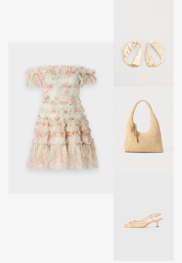 Off-shoulder klänning i ljuskräm med lager av volanger och rosa blommönster. Har smockade elastiska band för en texturerad look.; Stuart Weitzman KITTY - Pumps - beige/barely beige; Vävd beige handväska med ett böjt handtag, texturerad yta och en brun franjedetalj. Har en slapp hobo-form.; Ett par oregelbundna ovalformade örhängen i guldtonad metall med en strukturerad, något hamrad yta på en vit bakgrund.