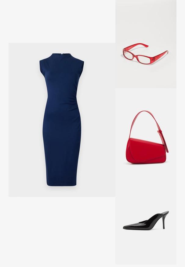 Laivan sininen sansihakkardressi, joka on valmistettu joustavasta materiaalista. Siinä on muotoileva siluetti, korkea pääntie ja sivusaumadetaali.; Mustat patentoidut korkeakorkoiset mulesandaalit, joissa on terävä kärki ja sulavalinjainen siluetti. Kenkäparissa on avonainen takaosa ja hoikka stiletto-korko.; Punaiset muoviset silmälasit, joissa on suorakulmainen kehys, kirkkaat linssit ja kapeat sango. Merkin logo "even&odd" on kohokuvioitu sankaan.; Punainen nahkalaukku, jossa on kulmikas, geometrinen muotoilu. Varustettu yhdellä säädettävällä hihnalla ja läpällä, jossa on ommeltu yksityiskohtia.