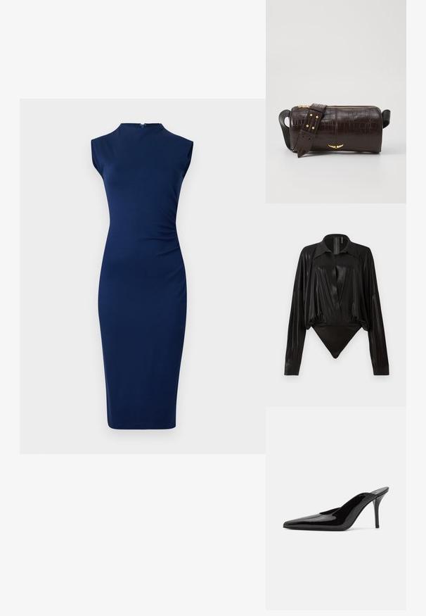 Temno moderna brezrokavna obleka iz raztegljivega materiala, ki se ponaša z oprijetim silhueto, visokim ovratnikom in stranskimi gubami.; Črn bodi z dolgimi rokavi, V-izrezom in prilegajočo silhueto. Narejen iz sijočega, gladkega materiala z oblikovanim ovratnikom in manšetami.; Črne patentirane čevlje s peto, z usko silhueto in koničastim nosom, z odprtim hrbtom in vitko stiletto peto.; Brah blaženka iz rjavega usnja z embosiranim krokodilom, cilindrične oblike, zlatih kovinskih elementov in odstranljivim pasom, ki vsebuje žebljičke.