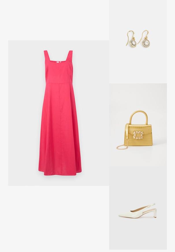 Roosa linane kleit ruudukujulise dekolteega, laiad õlavarrepaelad ja voolav A-line siluett, millel on sile tekstuur ja minimaalne disain.; Valge patentnahast slingback king, millel on terav varvas ja madal plokkkonts. Omab peent rihma koos kuldse detailiga. ; Kollane faux-krokodilli käsipindaga kott, millel on struktureeritud disain, ülemine käepide, eemaldatav kettmass ja dekoratiivne kristallkaunistus klambril.; Kuldtooni kõrvarõngad ovalikujuliste selgete kristallidega, mille ümber on väiksemad selged kivid, ja kaarvormiga disain, et tagada kindel kandmine.