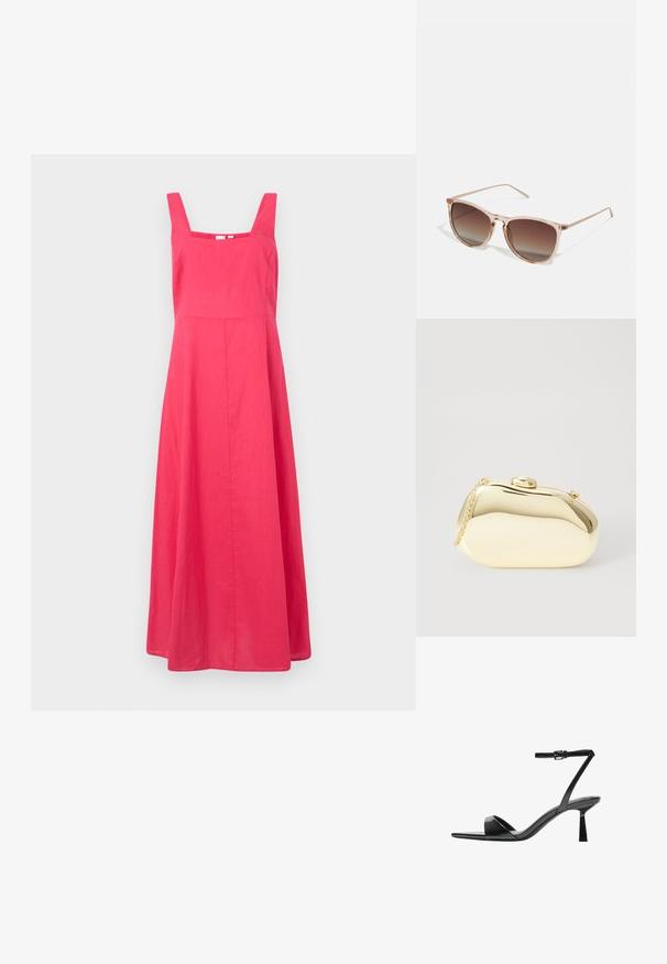Roza lanena haljina sa kvadratnim izrezom, širokim naramenicama i lepršavim A-linijskim siluetom, koja ima glatku teksturu i minimalan dizajn.; Bershka Sandale s visokom petom - black; Smeđe gradient sunčane naočale s prozirnim ružičastim okvirom, kvadratnog oblika i tankim metalnim ručkama. Imaju zaobljene ivice i minimalne detalje.; Metalni zlatni clutch s glatkim, zaobljenim oblikom, s gornjim kopčom na dugme i malim lancem za nošenje.