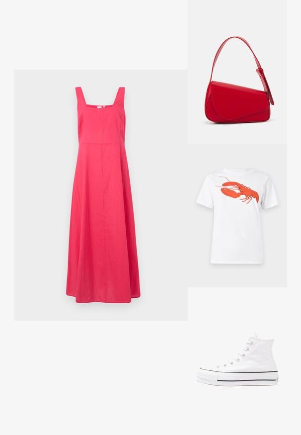 Ružové ľanové šaty so štvorcovým výstrihom, širokými ramienkami a splývavým A-liniovým strihom, s hladkou textúrou a minimalistickým dizajnom.; Biely bavlnený tričko s veľkým, jasne červeným grafickým zobrazením homára na prednej strane. Krátke rukávy a štandardný dizajn s okrúhlym výstrihom.; Biele vysoké plátené tenisky s čiernou gumovou podošvou, prednou gumovou špičkou a šiestimi okami na šnúrky, s čistým, minimalistickým dizajnom.; Červená kožená kabelka s ostrým, geometrickým dizajnom. Má jeden nastaviteľný popruh a uzatváranie na klopu so šitím.