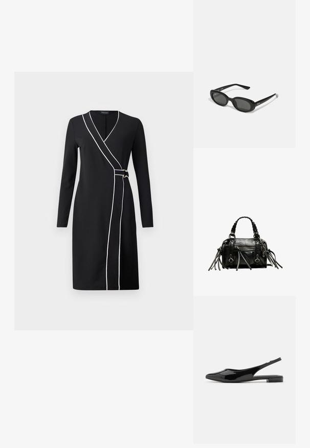 Černé wrap šaty s dlouhými rukávy, bílým lemováním podél přední části a akcenty v zlaté barvě. Hladká tkanina, design do délky kolen.; Černé lakované kožené boty na podpatku s špičatou špičkou a nízkým blokovým podpatkem. Hladká textura, minimalistický design, otevřená zadní část a elegantní silueta.; Černé sluneční brýle s oválnými objektivy, lesklý plastový rám a štíhlé nožičky. Na boku se nachází bílé logo Ray-Ban.; Černá kožená kabelka s pletenými držadly, texturovaným povrchem, přední kapsou na zip a dekorativními třásněmi. Kompaktní a strukturovaný tvar.