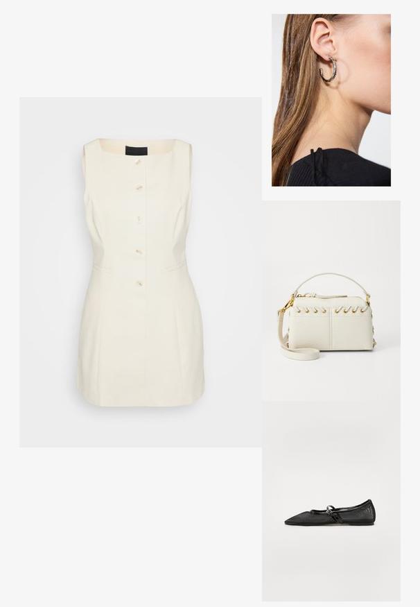 Haljina bez rukava, krem boje, sa kvadratnim dekolteom, pet dugmadi naprijed i bočnim džepovima. Izrađena od čvrstog materijala.; Crni ravni cipele s šiljastim nosom, mrežastim gornjim dijelom i patentnim kožnim akcentima. Ima tanki remen s okruglim detaljem od metalnog hardvera.; Bijela torba od umjetne kože s gornjim zatvaračem, kratkom ručkom i uklonjivim remenom za crossbody s zlatnim detaljima. Bočni vezni detalj.; Srebrna kružna naušnica s poliranim završetkom, koja ima male zlatne detalje i okrugli oblik, nošena na uhu.