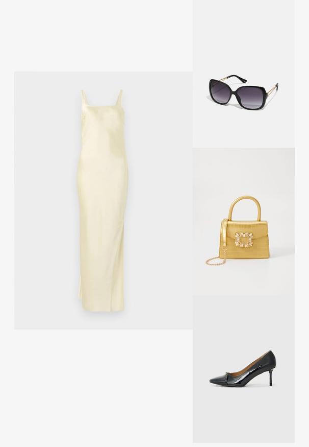Satin rumena obleka s ravno silhueto, naramnicami in stranskim razporkom za lažje gibanje. Gladka tekstura in minimalističen dizajn.; Črne lakirane visoke pete z ostrim nosom, dekorativnim trakastim detajlom spredaj in tankim stiletto peto.; Črne prevelike sončne očala z degradacijskimi lečami, debelimi okvirji in zlatimi verižicami na ročajih.; Rumeno usnjeno-usnje z vzorcem krokodila, s strukturiranim dizajnom, zgornjo ročajem, snemljivo verižico in dekorativnim kristalnim okrasjem na zaponki.