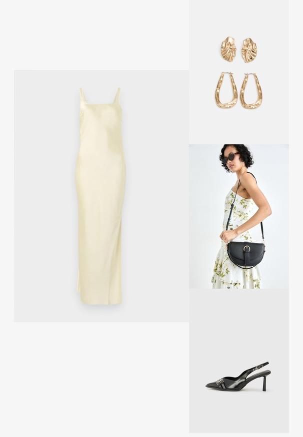 Rochie galbenă din satin cu o siluetă dreaptă, bretele subțiri și o fanta pe lateral pentru ușurința mișcării. Textură netedă și design minimalist.; Pantofii slingback din piele lăcuită neagră, cu vârf ascuțit, bretele pentru gleznă cu catarame și accesorii din argint, și un toc subțire.; Geantă din piele neagră, cu o formă curbată, curea detașabilă și accesorii aurii. Geanta are un capac cu un detaliu tip cataramă.; Cercei aurii cu forme texturate și ondulate. Include studs sculpturale cu clip și un design de cerc deschis cu un finisaj cioplit.