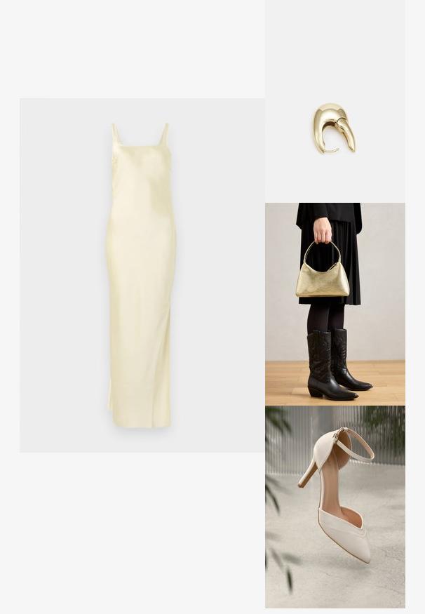 Satin gul klänning med rak silhuett, spaghettistropper och en skärning på sidan för enkel rörelse. Slät textur och minimalistisk design.; Vit högklackad sko i glatt material med spetstopp och ankelsnodd. Har en ljusbrun inredning och guldfärgad detaljer.; Gyllene texturerad handväska med kurvform och kort handtag, hålls av en person som bär en svart plisserad kjol och svarta lädercowboystövlar.; Örhänge i guldtonad metall med en elegant, böjd design. Har en distinkt spetsig form, polerad yta och gångjärnslås.
