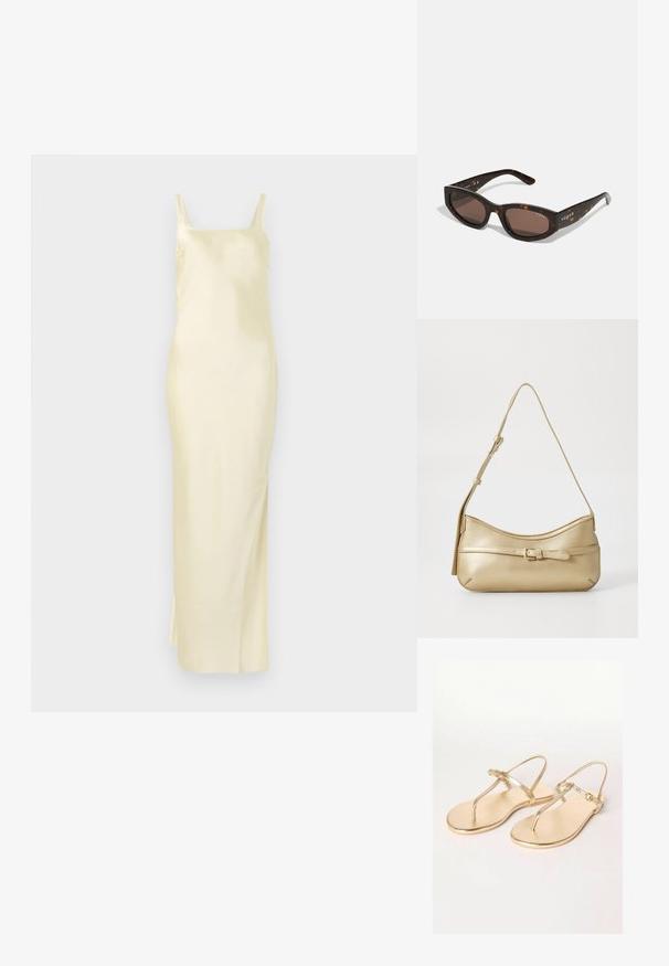 Sukienka z satyny w kolorze żółtym o prostym kroju, z cienkimi ramiączkami i rozporkiem z boku dla swobody ruchów. Gładka tekstura i minimalistyczny design.; Friends Like These REGULAR FIT złoty; Brązowe okulary przeciwsłoneczne w kształcie prostokąta, ciemnobrązowe soczewki i złote logo "vogue" na zausznikach.; Metaliczna złota torebka na ramię o zakrzywionym kształcie, gładkiej teksturze, płaskim pasku i dekoracyjnym zapięciu z przodu.; Bransoletka w kolorze złotym o gładkiej powierzchni z teksturowanym wnętrzem. Charakteryzuje się szerokim, zaokrąglonym kształtem z otwartym wycięciem z jednej strony.