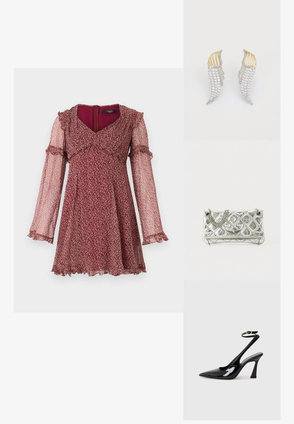WEEKEND MaxMara CARDATO - Kasdienė suknelė - ciliegia; Juodai lakuoti slingback aukšti kulniukai su smailiu nosiu, reguliuojama čiurnos juostele ir vidutinio dydžio blokiniu kulnu. Lygus paviršius su blizgiu apdaila.; Sidabrinė metalinė rankinė su grandinėlės rankena, iškaltu paviršiumi, dekoratyvine siuvimo siūle ir užtrauktuku. Priekyje turi iškilmingus akcentus.; Du vienodą formą auskarai, pagaminti iš sidabro spalvos metalo su skaidriais, apvalaus pjūvio cirkoniais ir auksinės spalvos metaliniais akcentais sluoksniuotame dizaino sprendime.