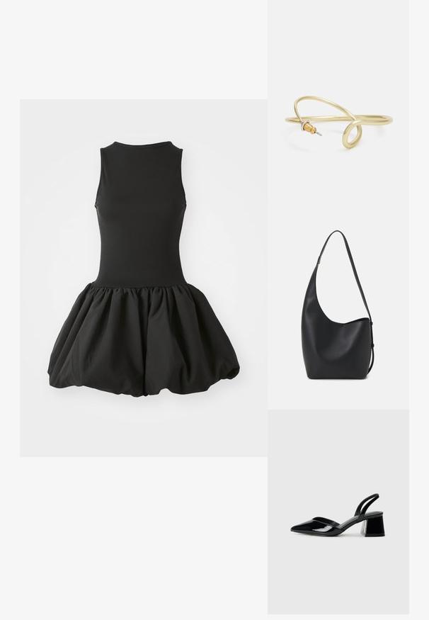 Melnas bezpaliku kleitas ar pieguļošu augšdaļu un kuplu, sakrautu svārku. Izgatavota no gludas auduma, vienkrāsaina, bez redzamām rakstu zīmēm.; Melna lakota āda ar atvērto papēdi, ar smailu purngalu un ģeometrisku blokpapēdi. Iezīmējas elegants, minimāls dizains un gluda tekstūra.; Melnas ādas hobo soma ar gludu tekstūru, izliekta forma un vienu regulējamu jostu; augšā ir plaša atvere.; Zelta krāsas metāla aproce ar šķidrām, viļņveidīgām formām. Vienā galā ir neliels, izteikts sudraba krāsas akcents.