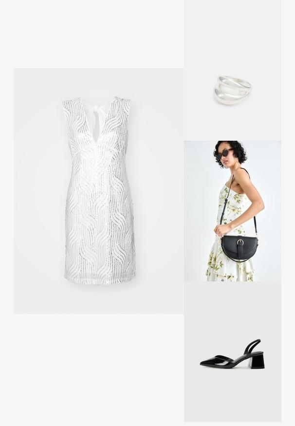 Valge ilma varrukateta kleit sügava V-kaelusega, millel on laineline muster hõbedaste tblüdistega. Seljaosa on kinnitusnööriga, istuv siluett.; Mustad musta lakknahk kingad, millel on terav varvas ja geomeetriline plokkkonts. Omab elegantselt minimalistlikku disaini ja sujuvat tekstuuri.; Mustmust mustraha kõverate joontega, eemaldatava rihmaga ja kuldsete detailidega. Kotil on klapp, millel on pandladetail.; Hõbedane kahekordne rõngas sujuva, poleeritud pinnaga. Omab voolavat, kõverat disaini, millel on kattuvad sektsioonid, et saavutada kaasaegne ilme.