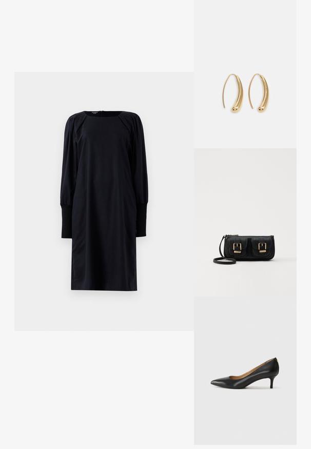 Melna garām piedurknēm midi kleita ar izpūstiem pleciem un platām malām, ar apaļu izgriezumu un aizmugures rāvējslēdzēja aizdari.; Melnas ādas augstpapēžu kurpes ar pīlādžu purngalu, zemu papēdi un gludu virsmu. Raksturīga neliela atvere priekšā un minimāls aprīkojums aizmugurē.; Melnas ādas crossbody soma ar divām priekšējām kabatām, zelta sprādzēm, ar rāvējslēdzēju aizdari un šauru siksnu. Strukturēta virsma un kompakta taisnstūra forma.; Zelta toņu metāla gredzena auskari ar izliektu, pagarinātu formu. Ar gludu, spīdīgu virsma un noapaļotu galu papildu detaļām.