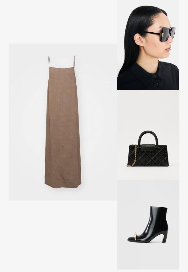 Pikk, ilma varrukateta kleit heledas pruunis, millel on tekstuuriline mustri ja õhukesed rihmad, sirge silueti ja põrandani ulatuva disainiga.; Must musta, läikiva nahast, terava varbaga ja dekoratiivse kullast ja hõbedast aktsendiga esiosas. Blokeeritud kontsa disain.; Tory Burch Päikeseprillid - black/dark grey; Musthave mustrip, mis tekstureeritud nahast, millel on tehe kumerusmuster, kuldse tooniga ahelrihm ja ülemine käepide, millel on logo reljeefne klapp.; Musthave mustrip, mis tekstureeritud nahast, millel on tehe kumerusmuster, kuldse tooniga ahelrihm ja ülemine käepide, millel on logo reljeefne klapp.
