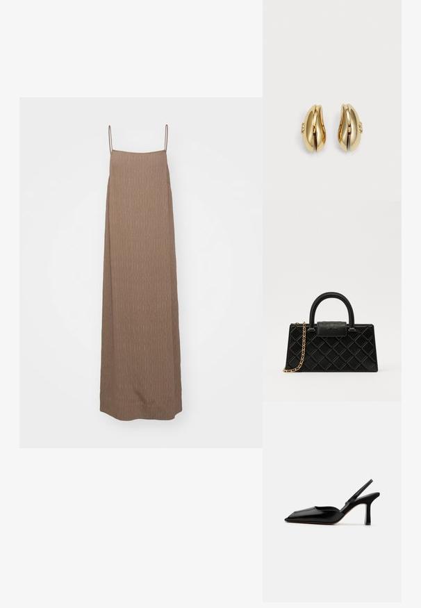 Długa, bezrękawna sukienka w jasnobrązowym kolorze, z teksturowanym wzorem i cienkimi ramiączkami, o prostym kroju i długości do podłogi.; Czarne skórzane czółenka typu slingback z wąskim noskiem, minimalistyczny design, cienki pasek wokół kostki i elegancka szpilka. Gładka tekstura.; Czarna torebka wykonana z fakturowanej skóry, z wzorem w romby, złotą łańcuszkową rączką oraz górnym uchwytem z klapą z wytłoczonym logo.; Złote kolczyki o płynnej, zakrzywionej formie. Każdy kolczyk ma gładką powierzchnię i mały zapięcie z dekoracyjnym detalem.