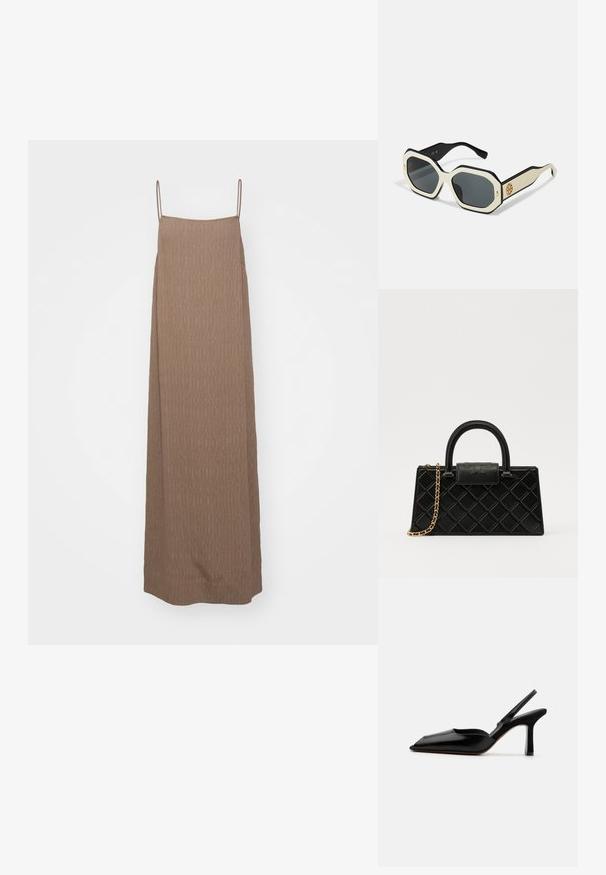 Dlhé šaty bez rukávov v svetlohnedej farbe, s textúrovaným vzorom a tenkými ramienkami, s rovnou siluetou a dĺžkou až po zem.; Čierne kožené sandále na podpätku s špicatou špičkou, minimalistický dizajn, tenký remienok okolo členka a elegantný stiletto podpätok. Hladká textúra.; Slnečné okuliare s osmiuholníkovým bielym rámom, čiernymi okrajmi a sivými sklami. Zlatý detail loga na boku dodáva jedinečný akcent.; Čierna kabelka vyrobená z textúrovanej kože, s diamantovým vzorom, zlatohnedým reťazovým popruhom a hornou rukoväťou s klopou so zlateným logom.