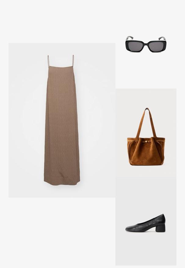 Robe longue sans manches de couleur marron clair, avec un motif texturé et des fines bretelles, présentant une silhouette droite et une longueur au sol.; Escarpin en cuir noir avec un bout rond et un talon bloc moyen. Texture lisse avec un minimum de détails, présentant une ouverture élastique discrète.; Lunettes de soleil noires rectangulaires avec des verres foncés, monture en plastique lisse et branches courbées. Le design est épais avec une esthétique minimaliste.; Sac fourre-tout en suede marron avec doubles poignées, un strap de fermeture à bouton et une forme décontractée, légèrement affaissée.