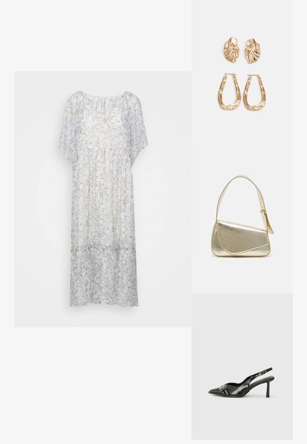 Lengvas, pusiau permatomas balto su švelniu mėlynu gėlių raštu suknelė, turinti trumpas rankoves, apvalų iškirpimą ir raukšlėtą liemenį.; Juodas lakuotas odinis batelis su smailiu pirštu, kulkšnies dirželiais su sidabrinėmis sagtimis ir detalėmis, bei plonu kulnu.; Aukso metalinės rankinės su struktūrizuotu dizainu, lygaus paviršiaus ir reguliuojama dirželiu. Pasižymi unikaliu trikampiu pavidalu ir minimalizmu siuvinėjime.; Auksinės auskarai, turintys tekstūruotus, bangų formos elementus. Įeina skulptūriniai segami auskarai ir atviri lankai su išmuštu paviršiumi.