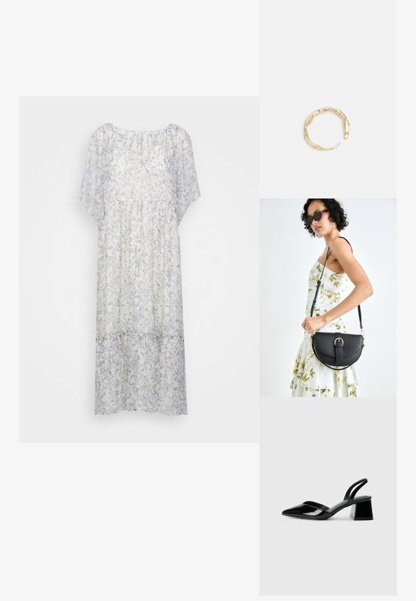 Lengvas, pusiau permatomas balto su švelniu mėlynu gėlių raštu suknelė, turinti trumpas rankoves, apvalų iškirpimą ir raukšlėtą liemenį.; Juodos lakuotos odinės šlepetės su smailiu pirštu ir geometriniu bloko kulnu. Turi elegantišką, minimalistinį dizainą ir lygų paviršių.; Juodas odinis krepšys su išlenkta forma, nuimamu dirželiu ir auksiniais detalėmis. Krepšys turi kilpą su sagtimi.; Auksinės spalvos žiedas, turintis organišką, sukimosi dizainą su lygiu paviršiumi ir siaurėjančiais galais, sukuriantis modernią skulptūrinę išvaizdą.