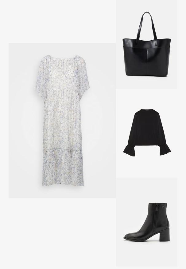 Lehká, poloprůhledná šaty v bílé barvě s jemným modrým květinovým vzorem, s krátkými rukávy, kulatým výstřihem a detailním sbíráním v pase.; Černý top s dlouhými rukávy, který má rozšířené manžety, jemnou texturu a volný střih, s jednoduchým kulatým výstřihem.; Černé kotníkové boty z hladké kůže se zipem na boku. Mají špičatou špičku a texturovaný blokový podpatek pro stabilitu.; Černá kožená taška s dlouhými ušima, hladkým povrchem a strukturovaným tvarem. Obsahuje přední kapsu pro další úložný prostor.