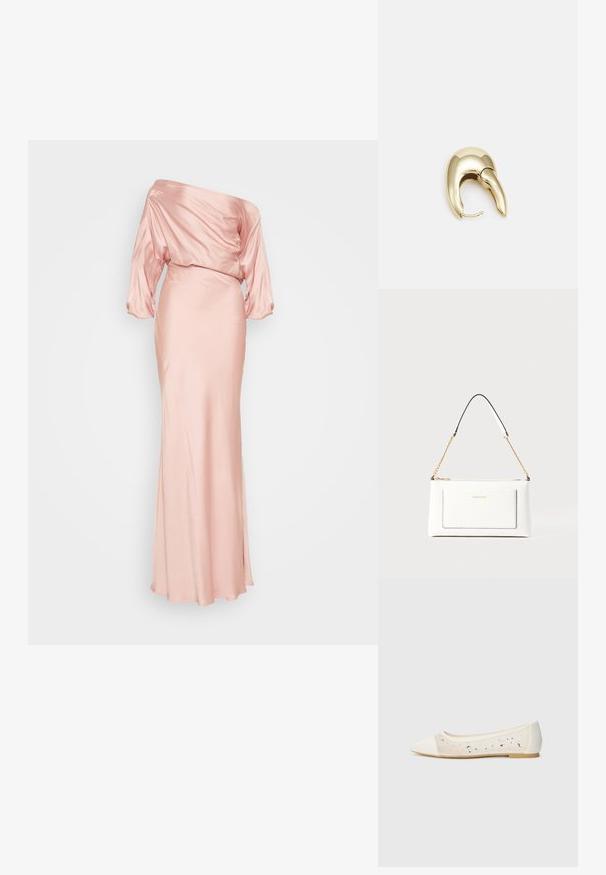 Satin, avskuren lång klänning med axelband i mjuk rosa färg. Draperad midja med lösa ärmar och en figursydd kjol. Slät textur, golvlång design.; Spetsig tå ballerina i krämfärgad läder med genomskinligt ovandel som pryds av spridda rhinestones. Mjuk sula för komfort, minimalistisk design.; Vit läderhandväska med texturerad yta, med guldkedjeslinga och svarta accenter. Inkluderar en framsida ficka och dragkedjestängning.; Örhänge i guldtonad metall med en elegant, böjd design. Har en distinkt spetsig form, polerad yta och gångjärnslås.