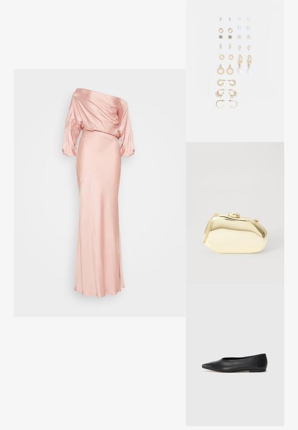 Szatén, vállról lehúzott, hosszú ruha lágy rózsaszínben. Redőzött felsőrész laza ujjakkal és testhezálló szoknyával. Sima textúra, földig érő kivitel.; Fekete bőr balettcipő, hegyes orral, minimalista dizájn, sima textúra, alacsony sarkú, látható fémrész vagy díszítés nélkül.; Fémes arany színű kistáska sima, lekerekített formával, tetején gombos záródással és kis láncfogóval a hordozáshoz.; Arany tónusú fülbevalók szettje, amely különféle mintákat tartalmaz, beleértve a stift fülbevalókat, karikákat és gyöngyökkel és strasszokkal díszített hosszú fülbevalókat.