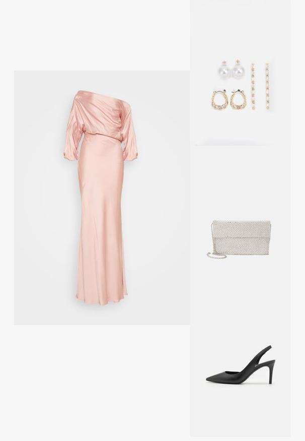 Saten, off-the-shoulder dolga obleka v mehki roza barvi. Drsna bodica z ohlapnimi rokavi in oprijetim krilom. Gladka tekstura, dolžina do tal.; Črne usnjene slingback visokih petah s koničastim nosom, ki vključujejo izrez spredaj in tanko stilettoteko.; Srebrna mrežasta torbica s teksturiranim, tkanim dizajnom, koja ima preklopni poklopac i uklonjivu lančanu naramenicu za nošenje.; Tri para uhani: veliki beli biserni uhani, zlate obroče s prozornimi dragulji in dva dolga, ravna zlate uhan s svetlečimi podrobnostmi.