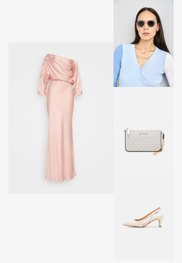 Satin, bez plecu gari kleita maigā rozā krāsā. Dzeltena augšdaļa ar brīviem piedurknēm un pieguļošām svārkiem. Gluda tekstūra, grīdas garuma dizains.; Baltas siksniņveida papēdis ar smailu purngalu, gludu augšējo materiālu, zemu blokpapēdi un sānu izgriezumu dizainu ar regulējamu sprādzi.; Apaļas saulesbrilles ar tumšiem objektīviem un zeltītām rāmēm. Modelis valkā gaiši zilu, ribotu kardigānu ar pogām un kontrastējošām baltām piedurknēm.; Michaela Korsa rokassomi bez̦ā īšojuma, kas izgatavota no apklāta kanvas, iekļaujot atkārtotu MK logotipa rakstu, zelta aparatūru un noņemamu ķēdes siksnu.